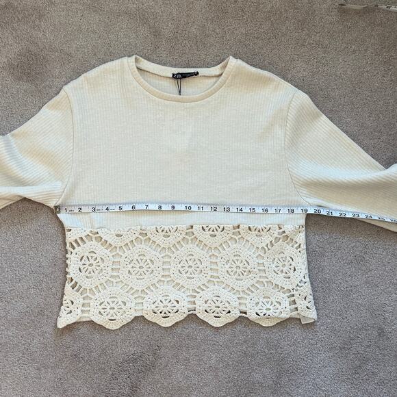 Zara Crochet Ribbed Knit Long Sleeve Top Size M Cream Cottagecore Boho NWT - Picture 7 of 8